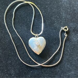 Vintage Etched Silver Heart Locket W/Diamond & 18” Chain- Unsigned, Tested